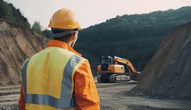 trabajador detras vestido ropa trabajo observando algunas excavadoras sitio construccion ai generativo